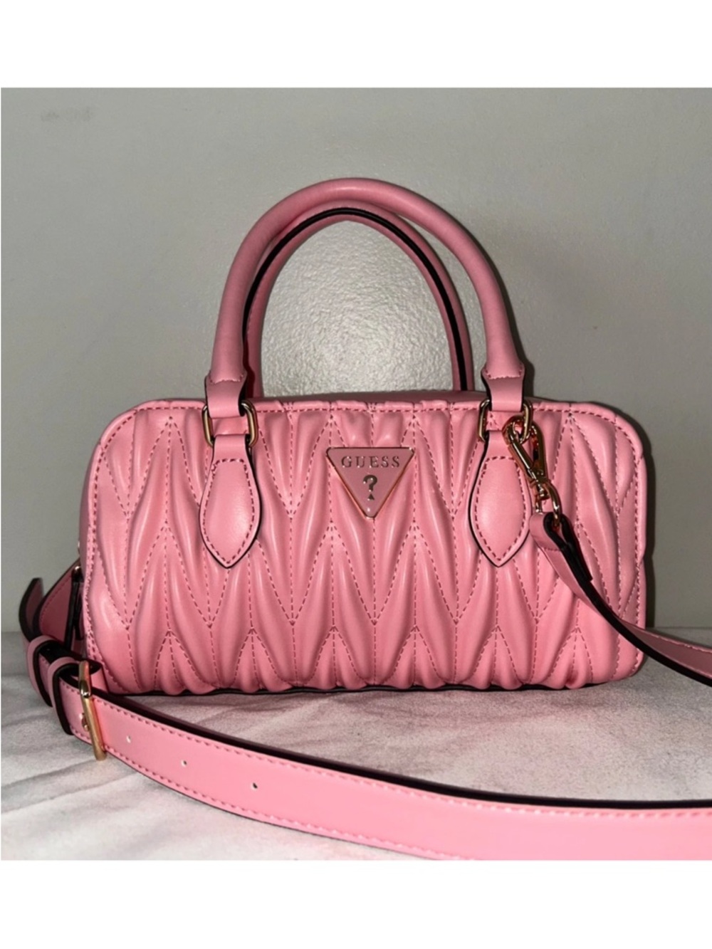 NEW! NWT GUESS Penny Quilted Satchel Crossbody Bag in Pink Peony